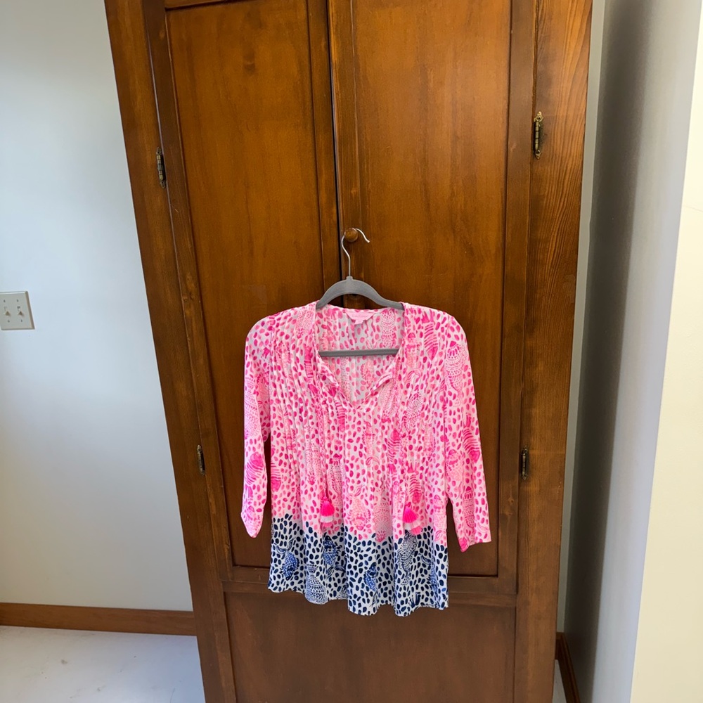 Lilly Pulitzer Pink and Navy Printed Peasant Blouse